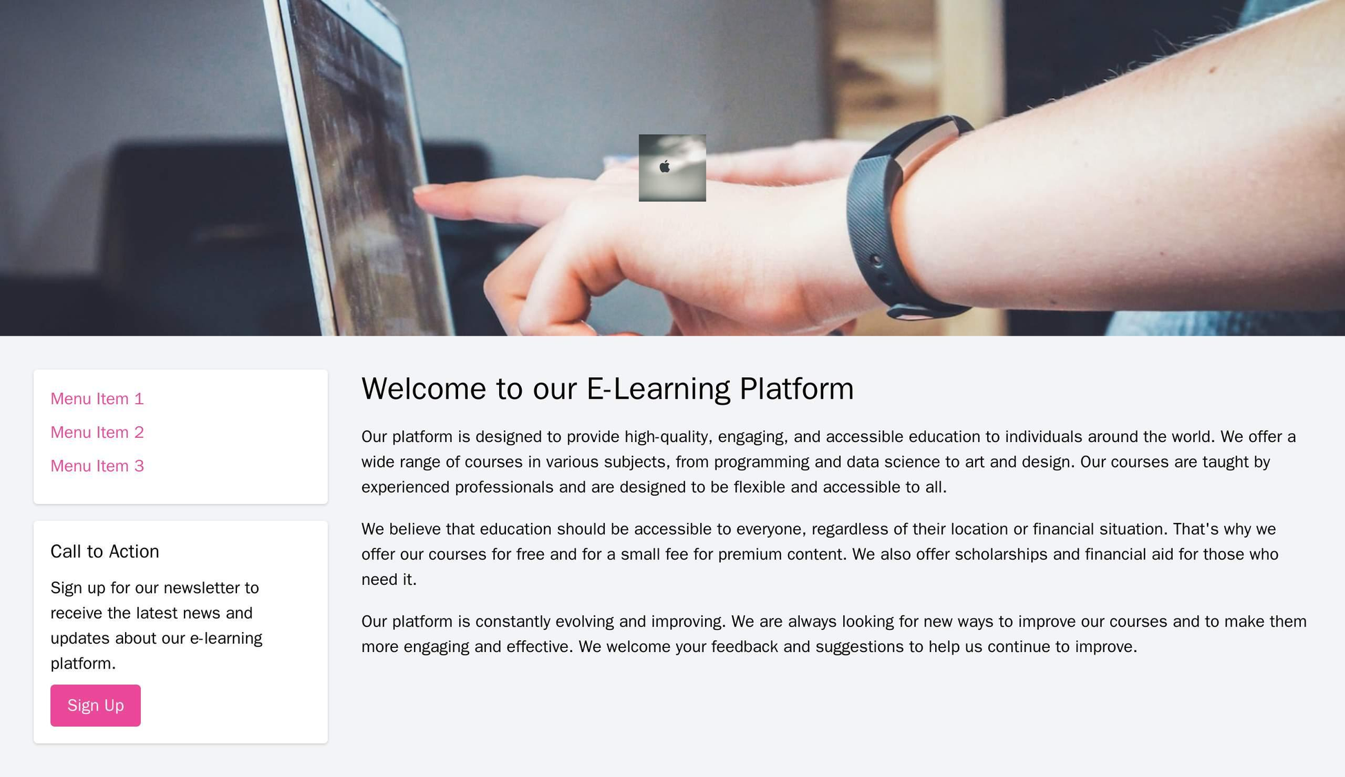 E-Learning Platform: A clean and organized design with a full-width header image, a centered logo, a left sidebar with a Web Template 4420