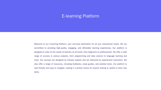 E-learning Platform: A clean, open design with a large, centered logo at the top. The layout features a search bar, a co Web Template 4619