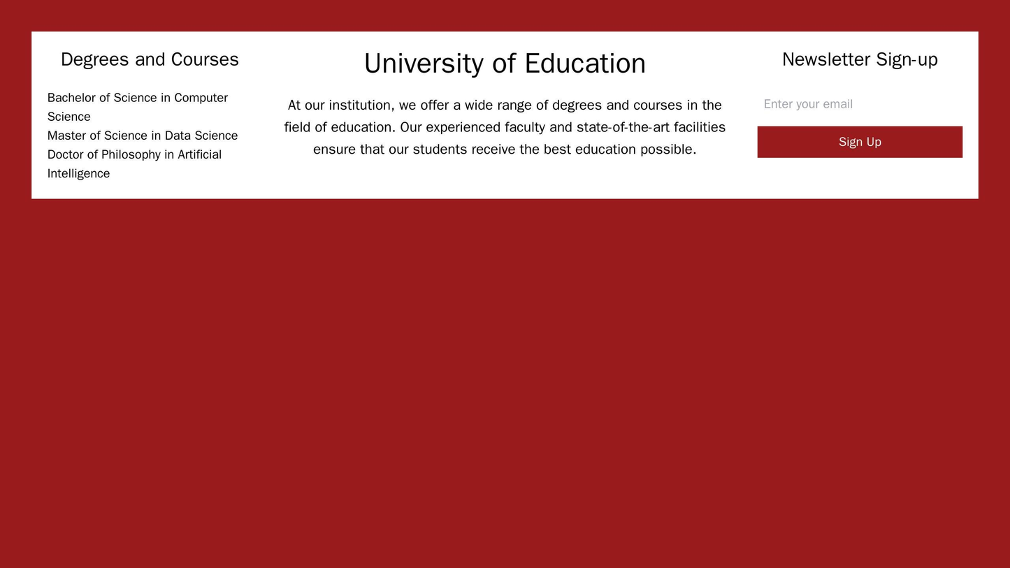 Education: A dynamic layout with a left sidebar listing degrees and courses, a right sidebar for a newsletter sign-up an Web Template 4129