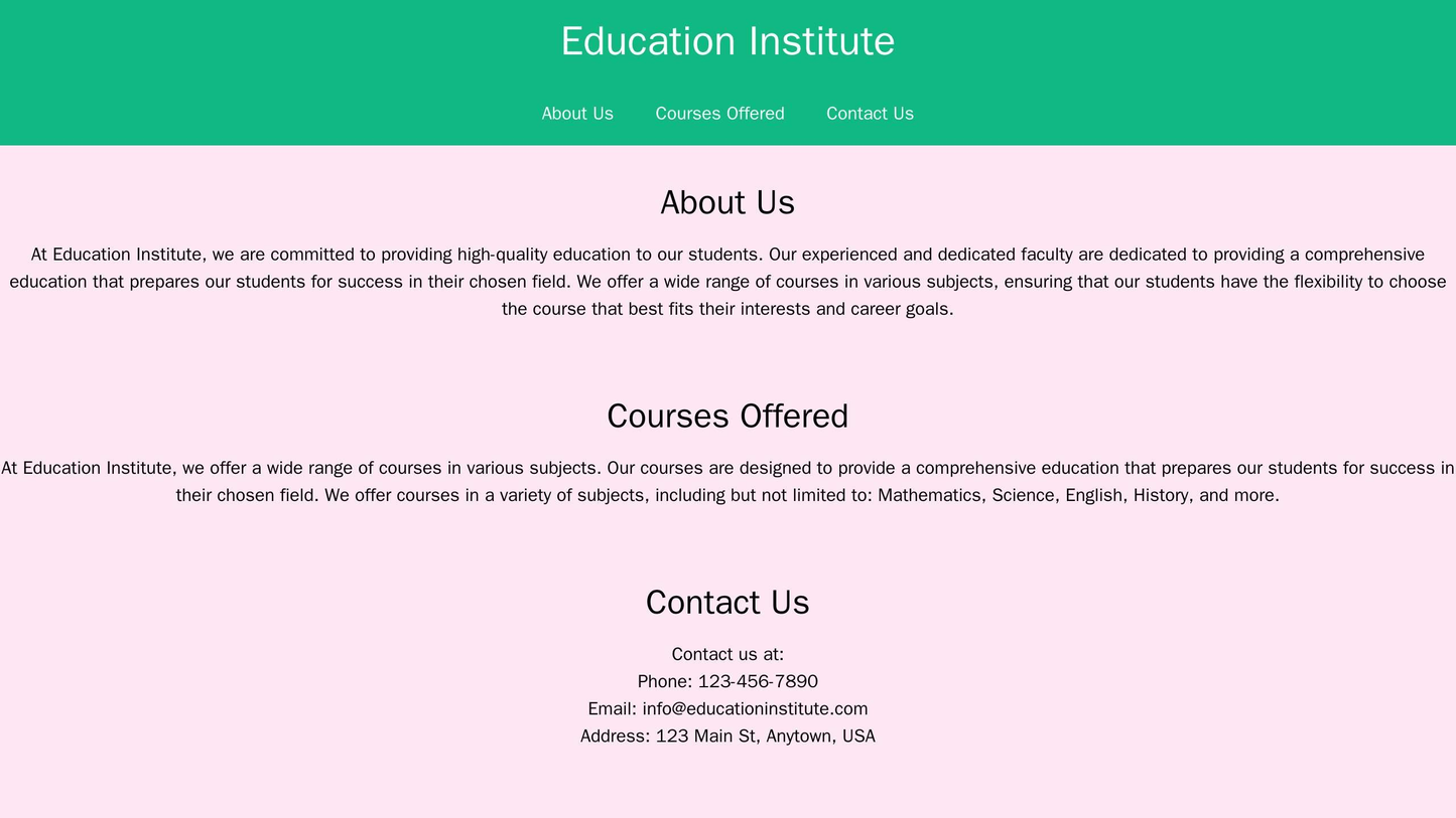 Education Institute: A multi-page design with a centered logo, a navigation menu at the top, sections for About Us, Cour Web Template 3495