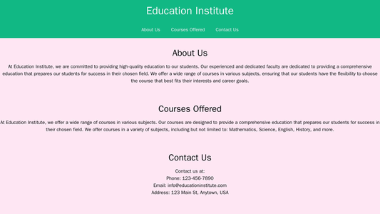 Education Institute: A multi-page design with a centered logo, a navigation menu at the top, sections for About Us, Cour Web Template 3495