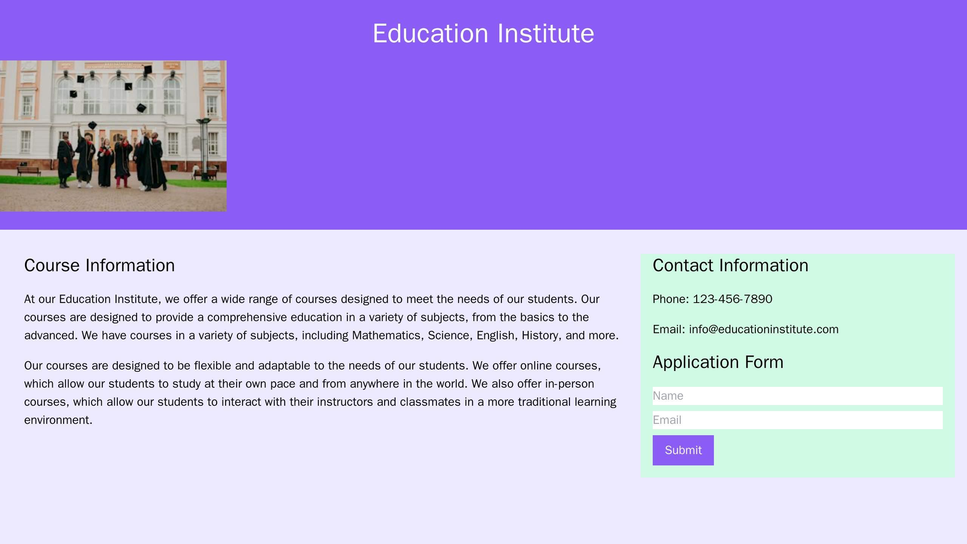 Education Institute: A simple and informative design with a header featuring the institutes name and logo, a central col Web Template 4373