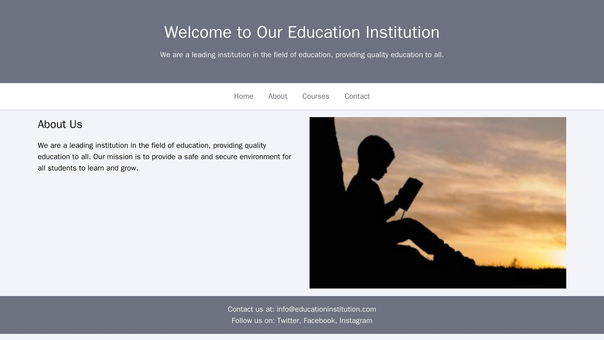 Education Institution: A clean layout with a top banner, a fixed navigation menu, a central content section with a two-c Web Template 3716