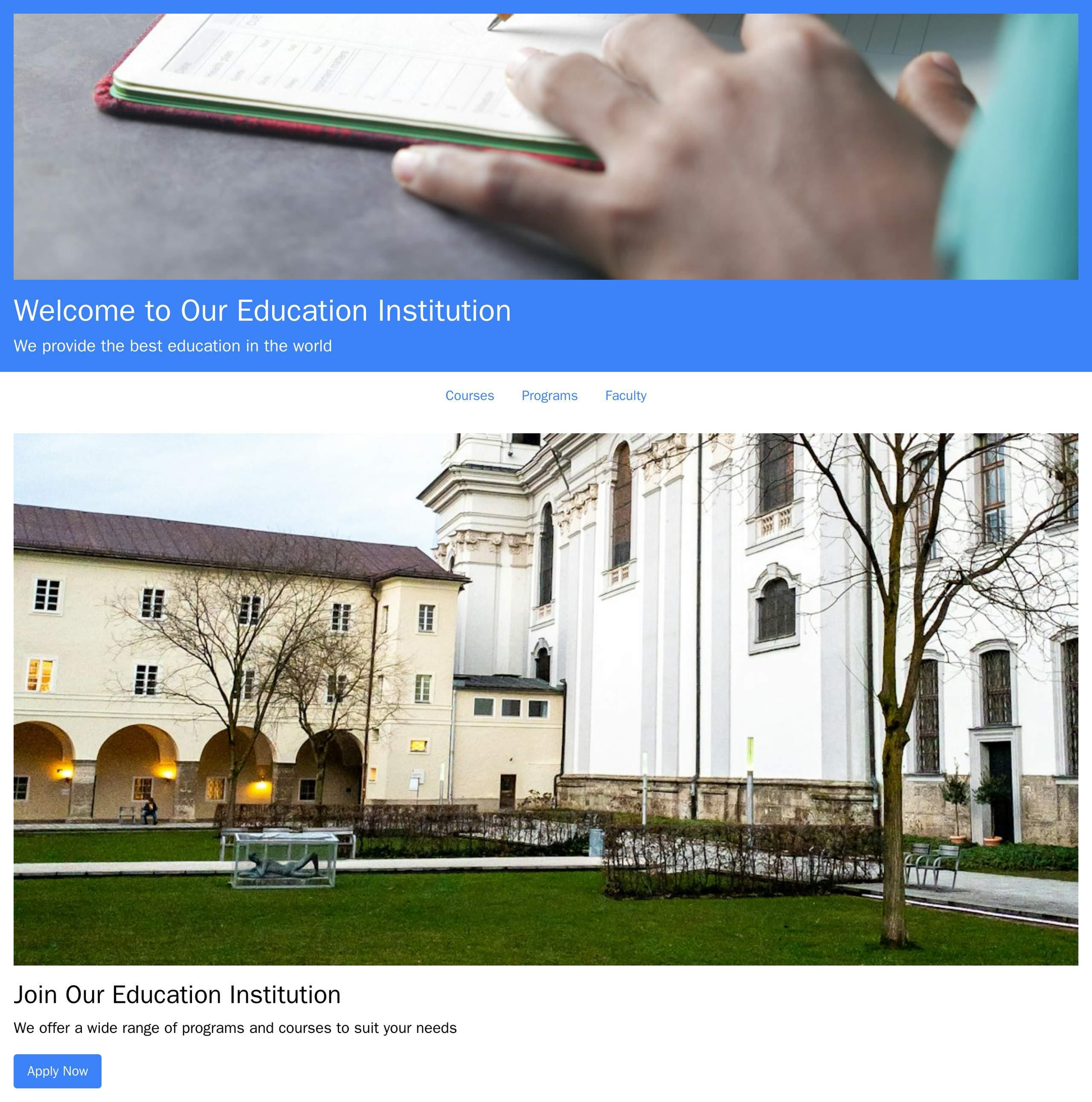 Education Institution: A header with a full-width, high-resolution image and a tagline. A menu with dropdowns for course Web Template 3770