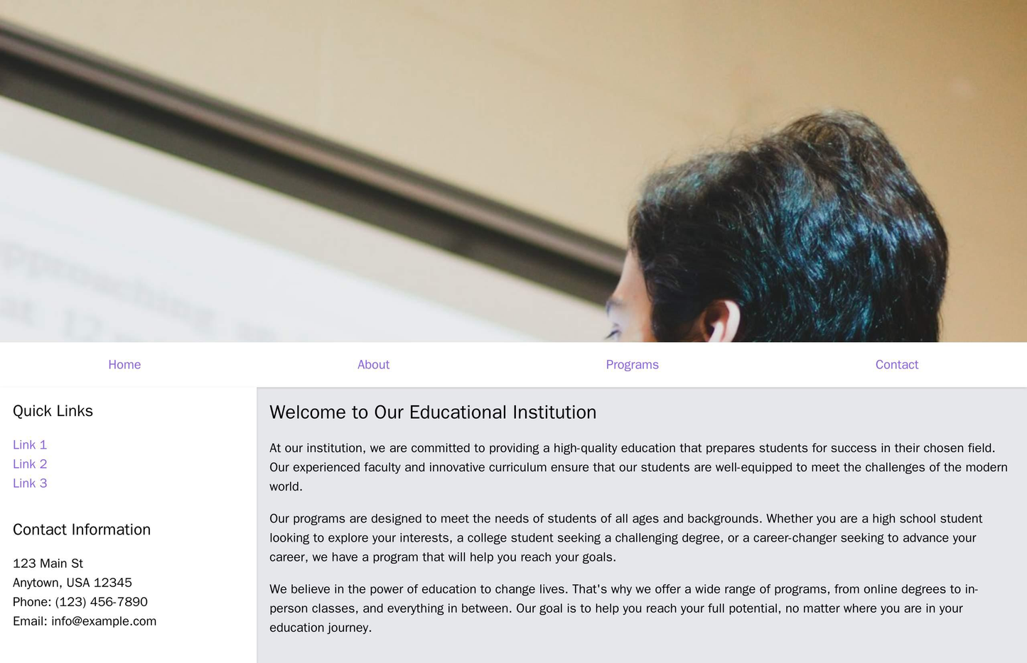 Educational Institution: A hierarchical layout with a header image featuring students, a main navigation menu, a left si Web Template 4153