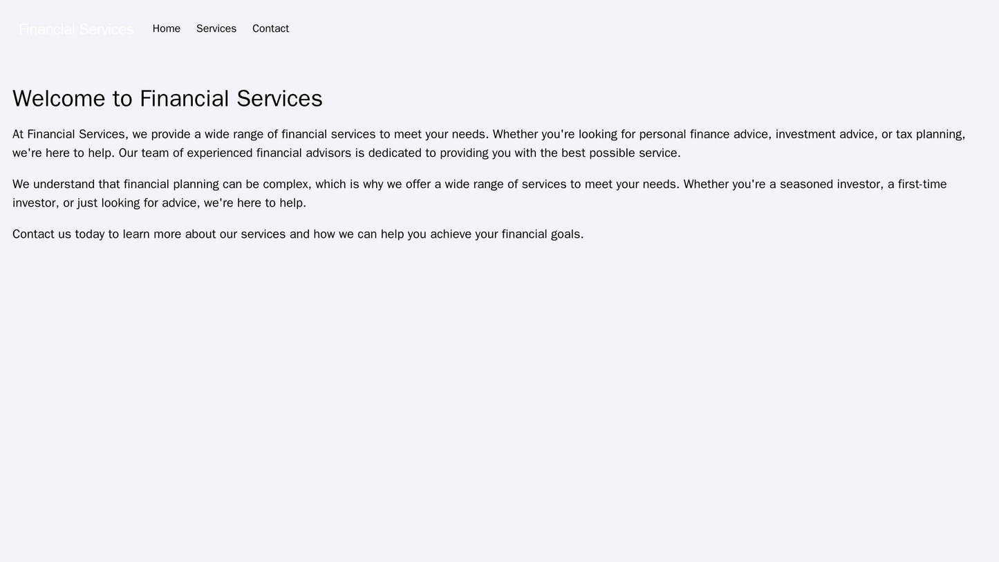 Financial Services: A sleek and modern design with a left-aligned logo in a bold font, a primary navigation bar for vari Web Template 2041