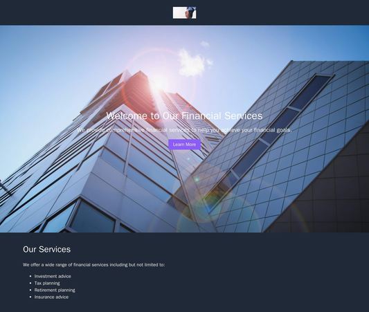 Financial Services: A sleek and professional design with a large, centered logo and a navigation menu below it. A hero i Web Template 3215