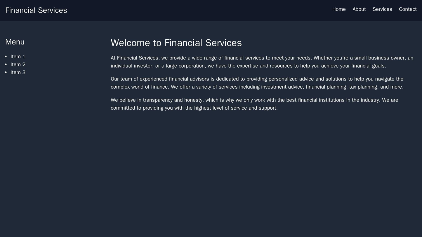 Financial Services: A modern layout with a dark color palette, a fixed navigation bar at the top, a centered logo, and a Web Template 4418