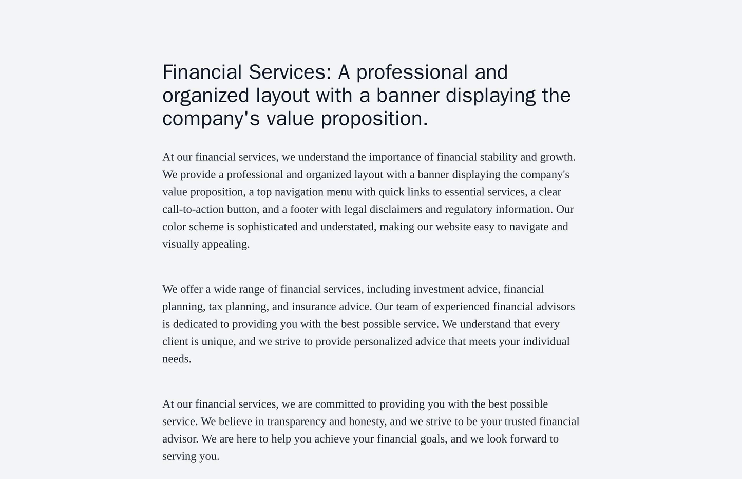 Financial Services: A professional and organized layout with a banner displaying the companys value proposition, a top n Web Template 4535