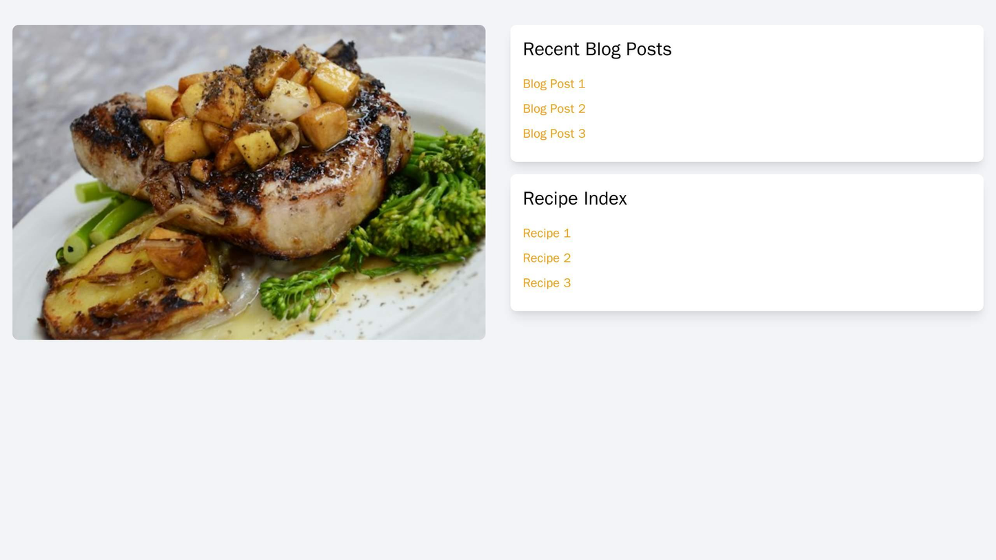 Food Blog: A two-column layout with a large, beautiful hero image of a dish on the left side, and a sidebar on the right Web Template 3613