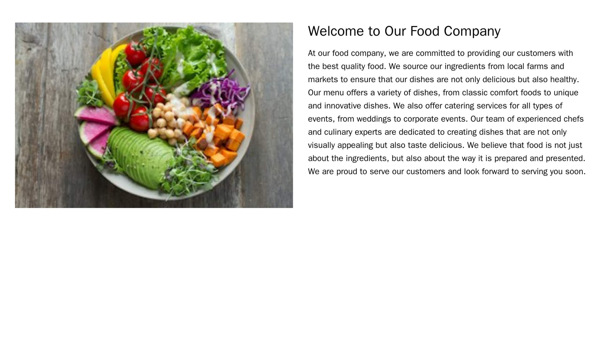 Food Company: A layout featuring a grid of vivid, high-resolution images of dishes in the left column, and the main cont Web Template 3618