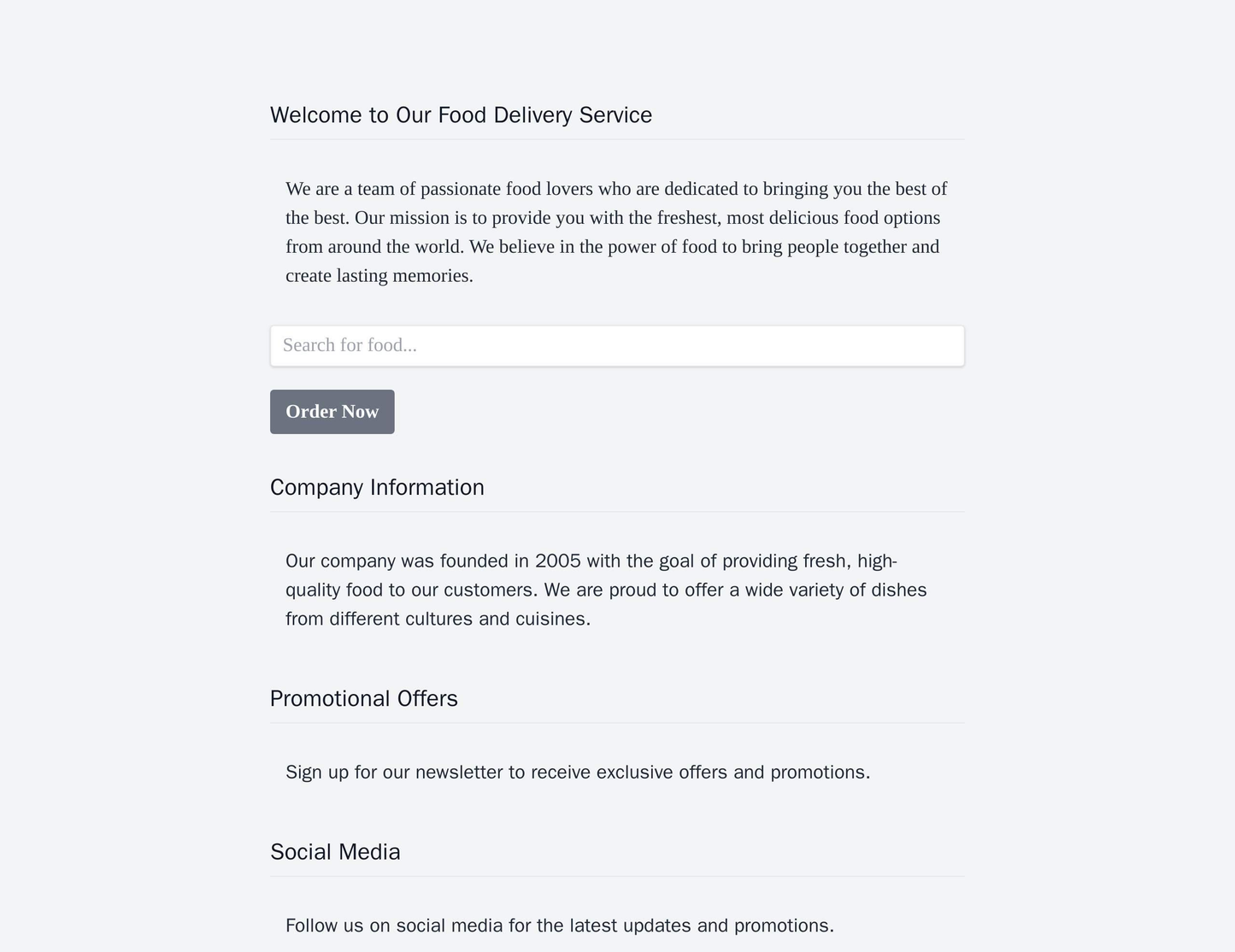 Food Delivery Service: A single-page design with a large, central display of food options, a search bar, and a call-to-a Web Template 2048