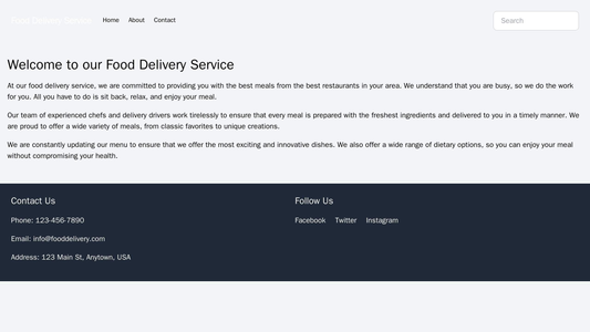 Food Delivery Service: A website design featuring a top header with a logo and a search bar, a full-width image of a del Web Template 3169