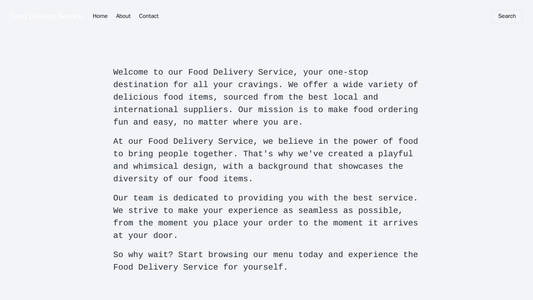 Food Delivery Service: A playful design with a whimsical background showcasing various food items. The logo is in the to Web Template 3788