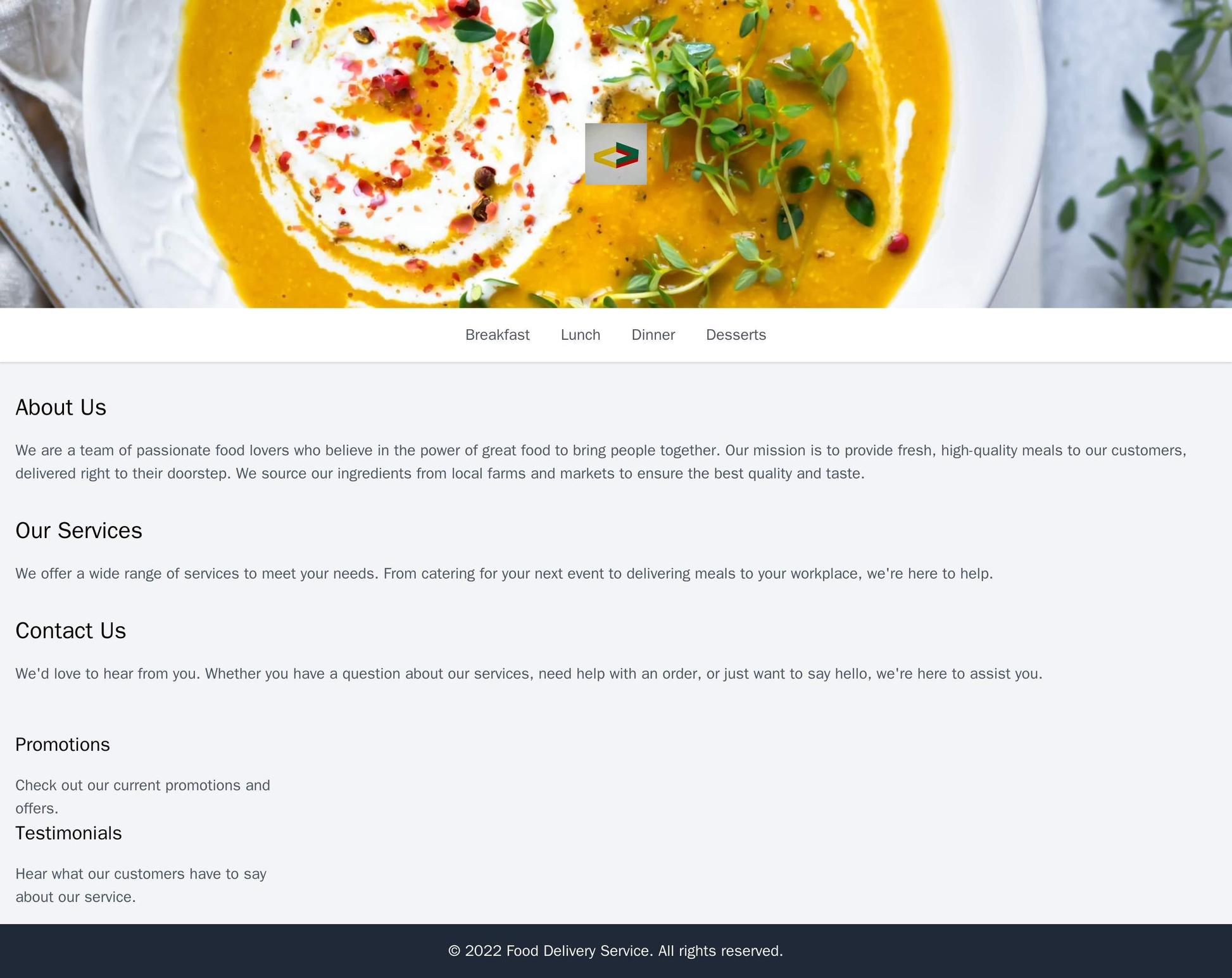 Food Delivery Service: A clean and simple design with a large header image of a delicious meal, a centered logo, and a m Web Template 4695