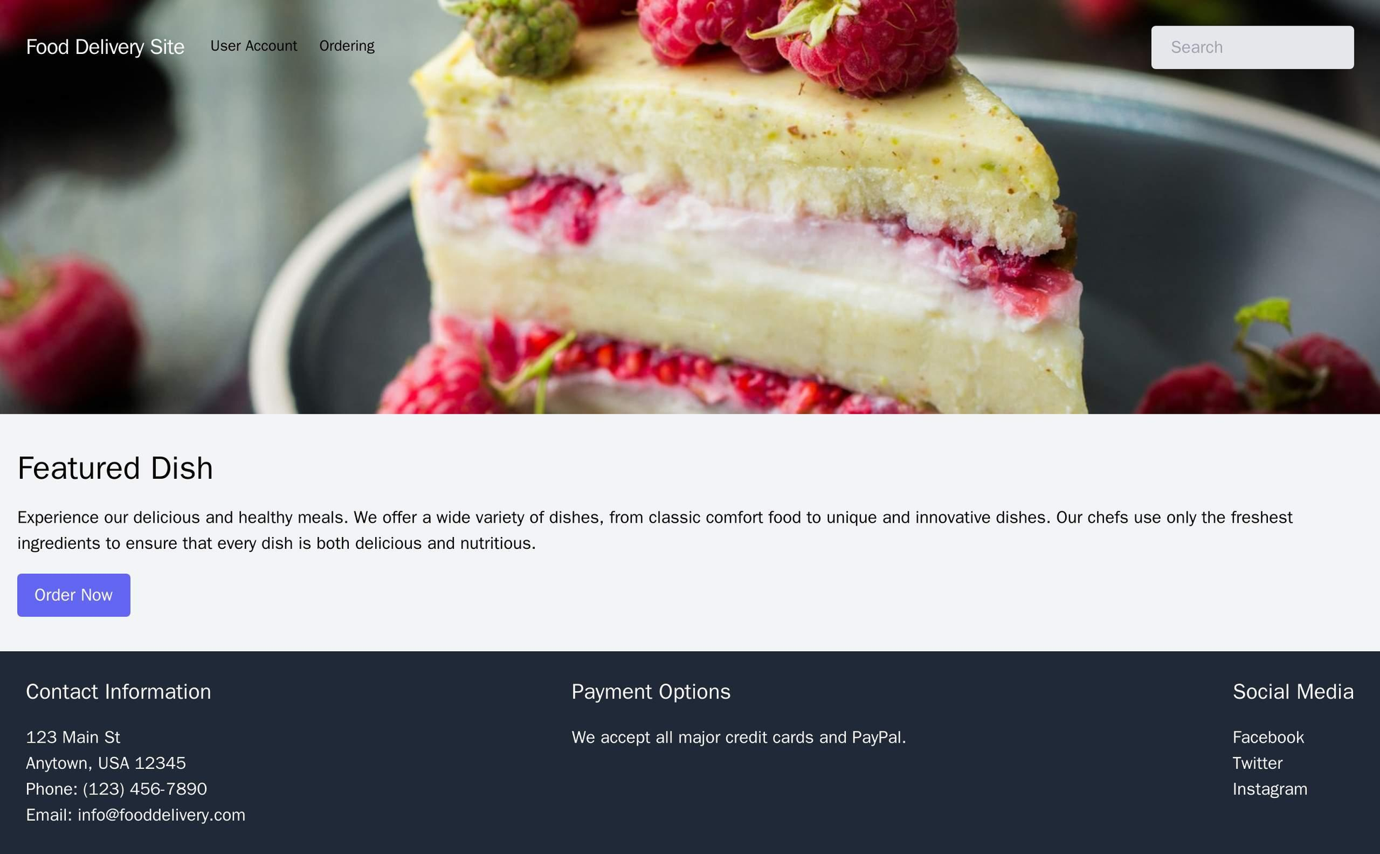 Food Delivery Site: A mouth-watering design with a colorful header image. A navigation menu with a search bar and links  Web Template 4915