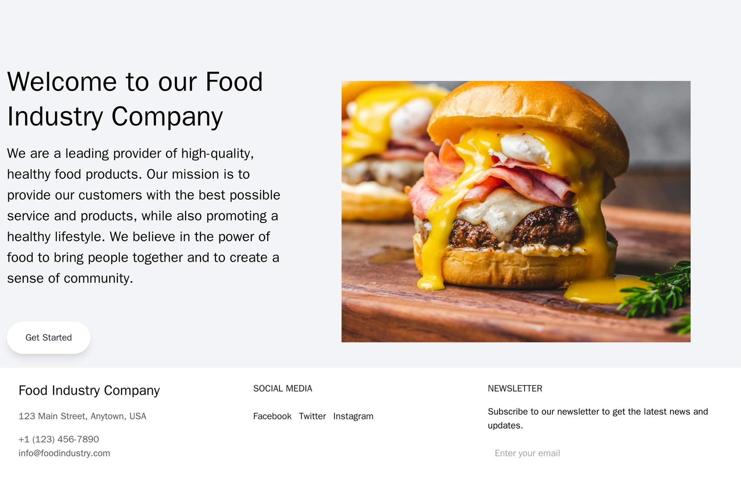 Food Industry Company: A full-width background image of a dish or a cooking scene, a centered call-to-action button, and Web Template 3117