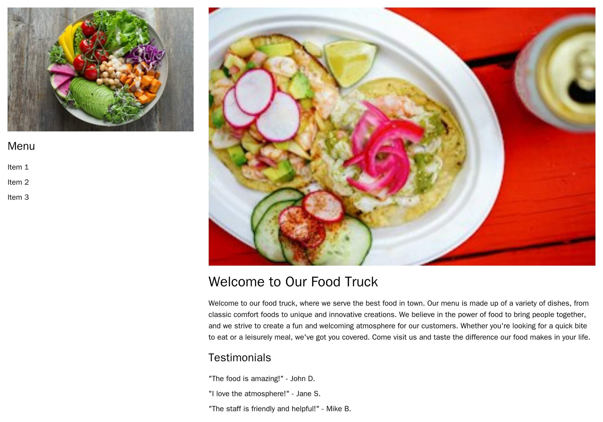 Food Truck Business Website: A vertical design with a large header image, a left sidebar for menu items and customer tes Web Template 4277