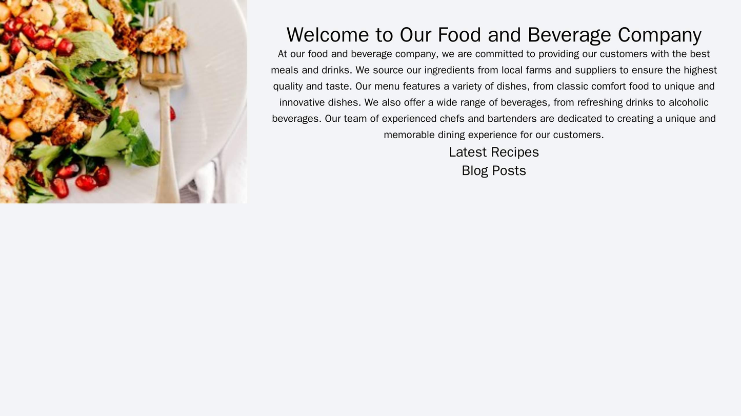 Food and Beverage Company: A horizontal layout with a header image showcasing a delicious meal, a left sidebar with comp Web Template 4151