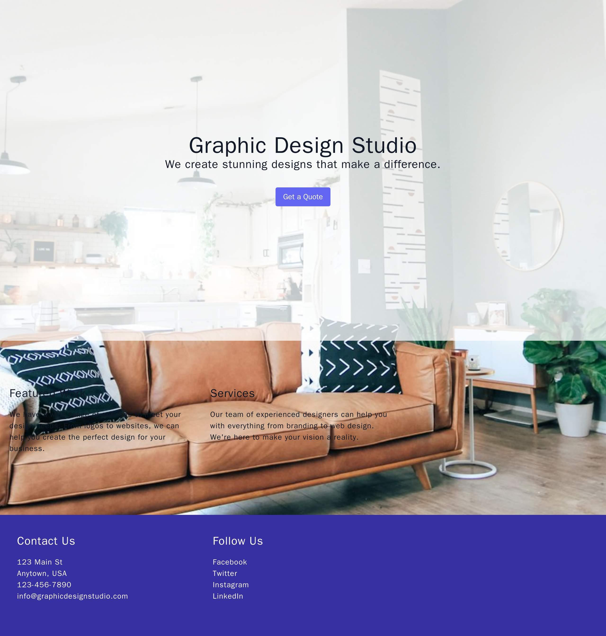 Graphic Design Studio: A header with a full-screen background image of a design project, a tagline, and a call-to-action Web Template 3774