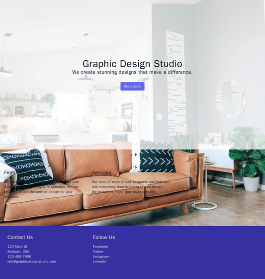 Graphic Design Studio: A header with a full-screen background image of a design project, a tagline, and a call-to-action Web Template 3774