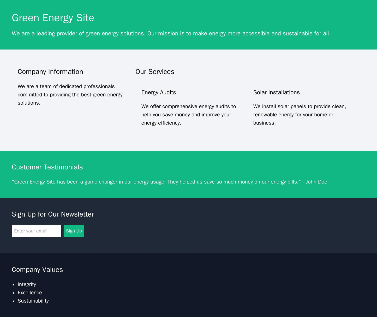 Green Energy Site: A hero image banner showcasing a green energy installation, a left column for company information and Web Template 4443