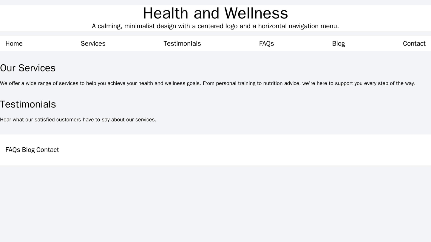 Health and Wellness: A calming, minimalist design with a centered logo and a horizontal navigation menu. The homepage di Web Template 4345