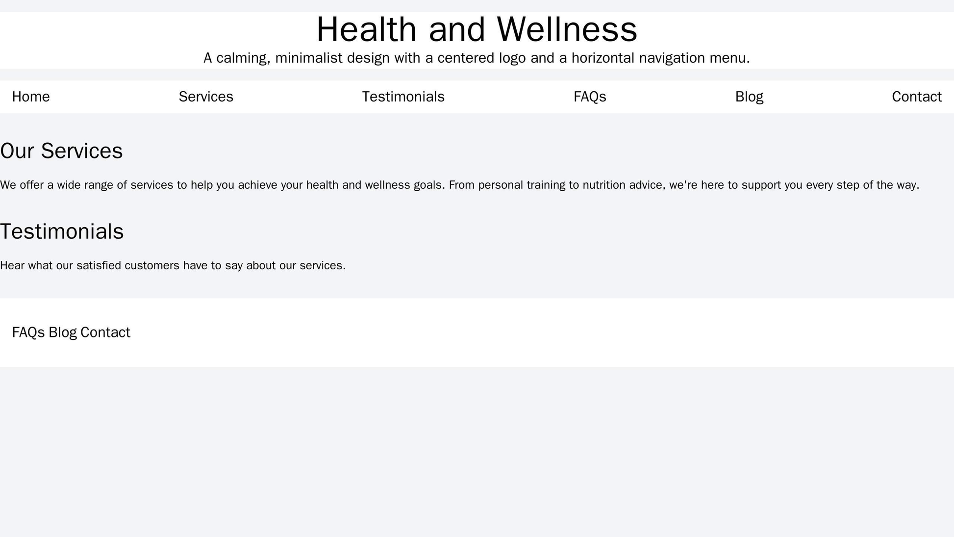 Health and Wellness: A calming, minimalist design with a centered logo and a horizontal navigation menu. The homepage di Web Template 4345