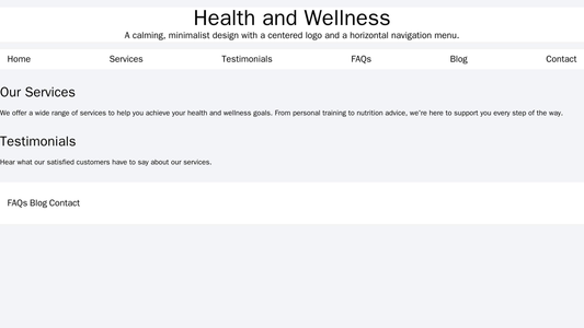 Health and Wellness: A calming, minimalist design with a centered logo and a horizontal navigation menu. The homepage di Web Template 4345