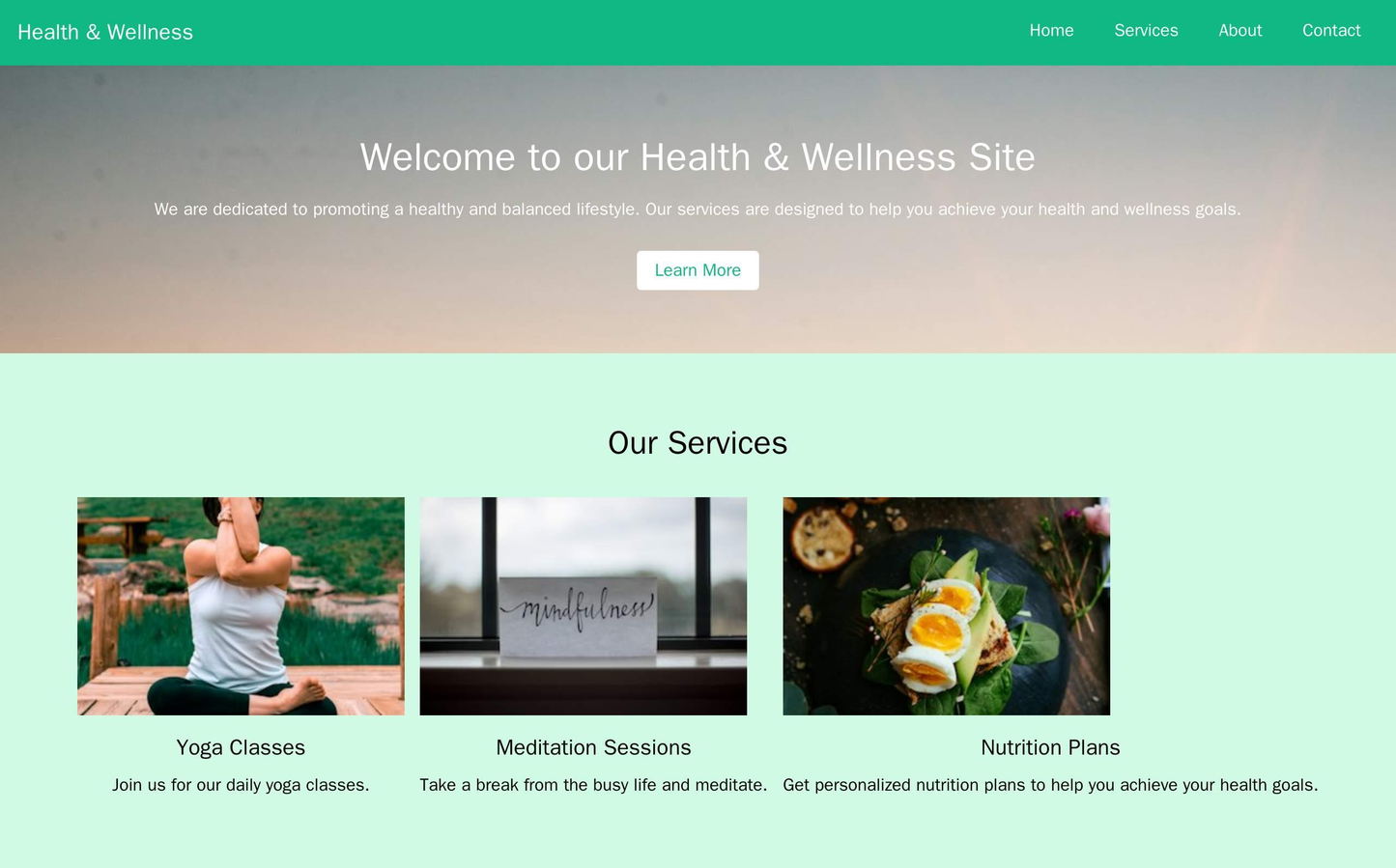 Health and Wellness Site: A calming design with a full-width image of a tranquil scene and a main menu at the top. The h Web Template 3906