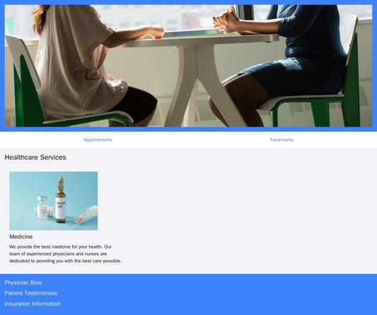 Healthcare Clinic: A patient-focused layout with a header image showcasing healthy people or medical equipment, a naviga Web Template 3629