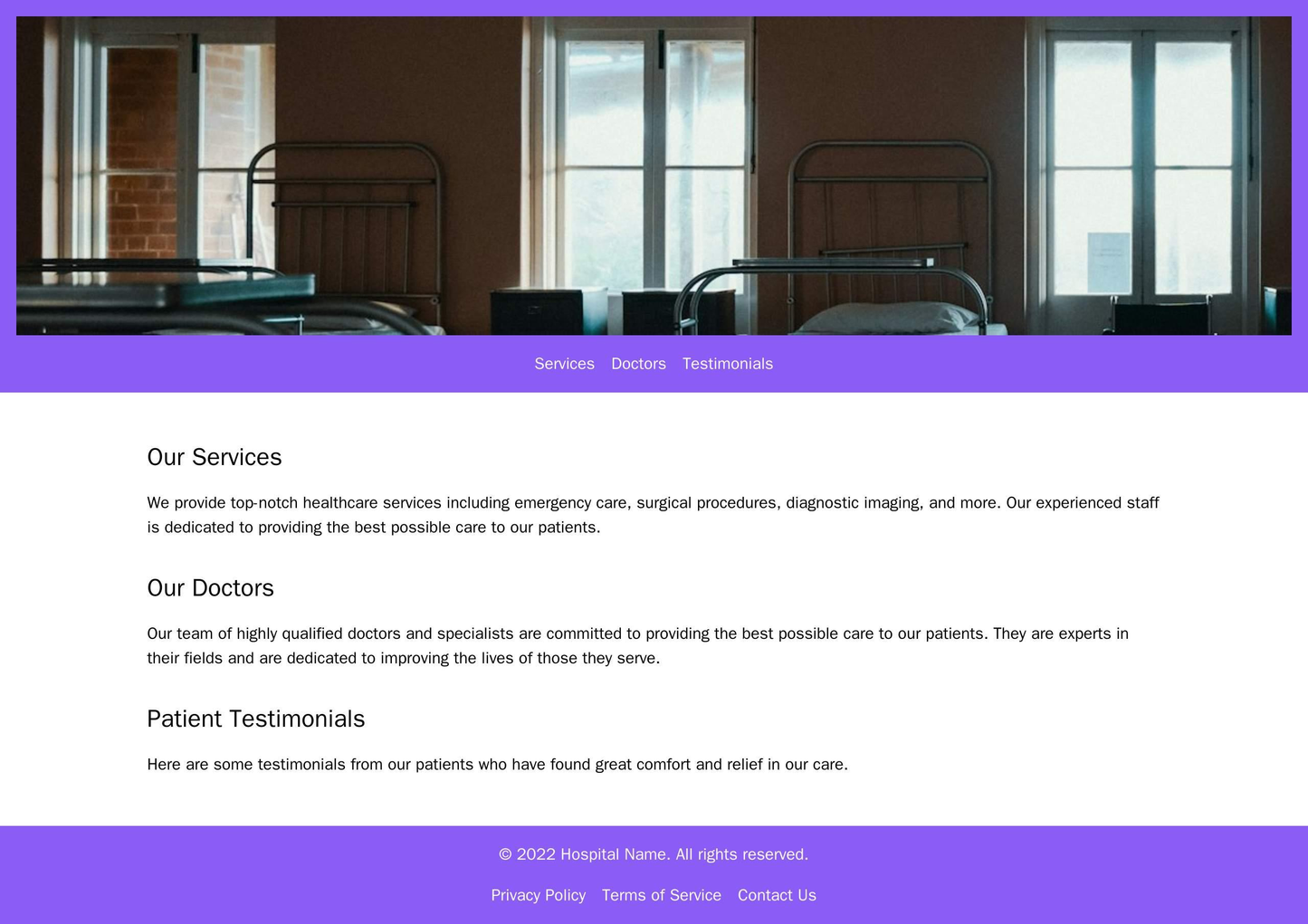 Hospital Website: Simple design with plenty of white space. Large header image of a hospital or healthcare setting, with Web Template 3089