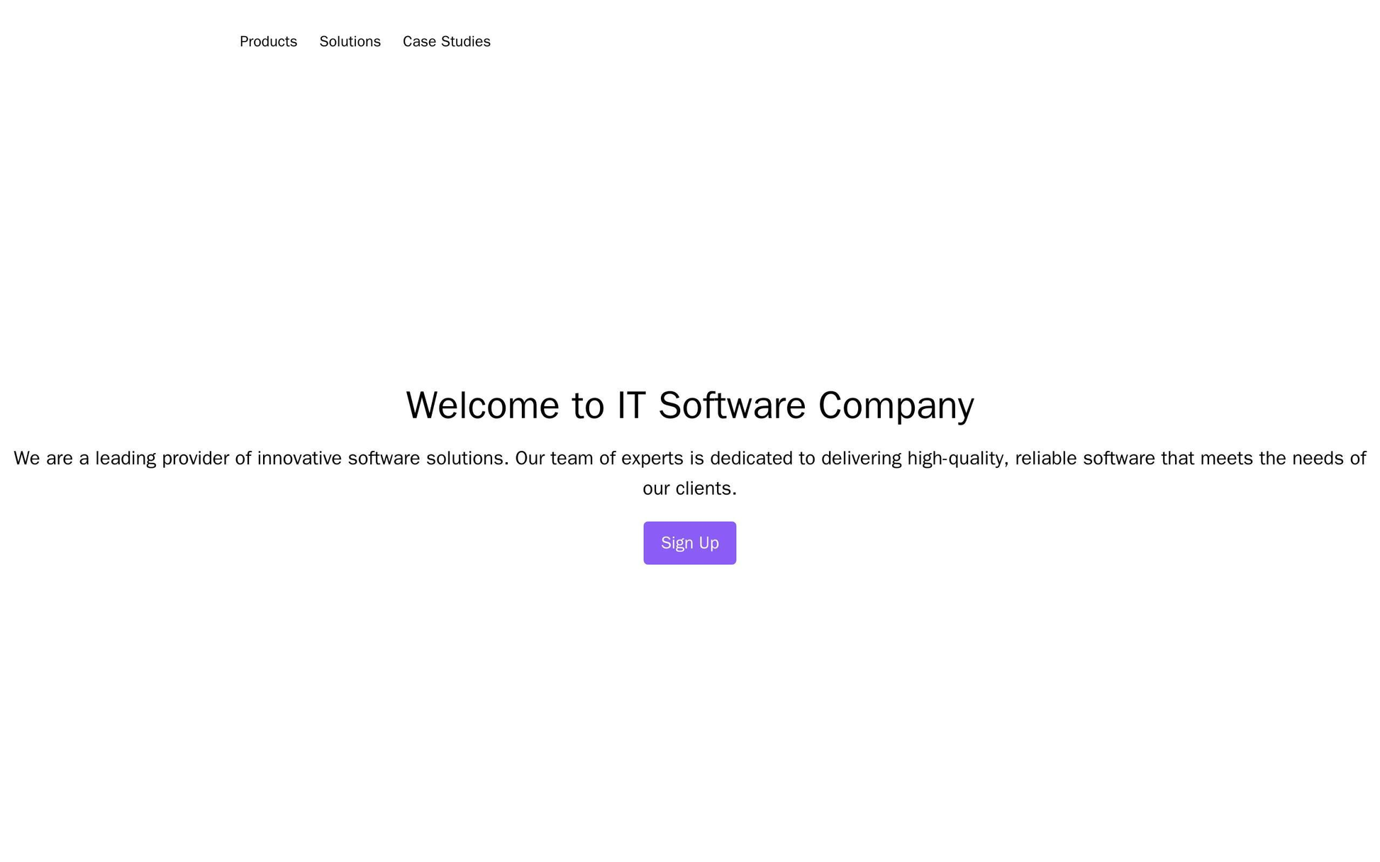 IT Software Company: A monochromatic color palette with a centered logo, a large "Sign Up" button, and an animating info Web Template 3357