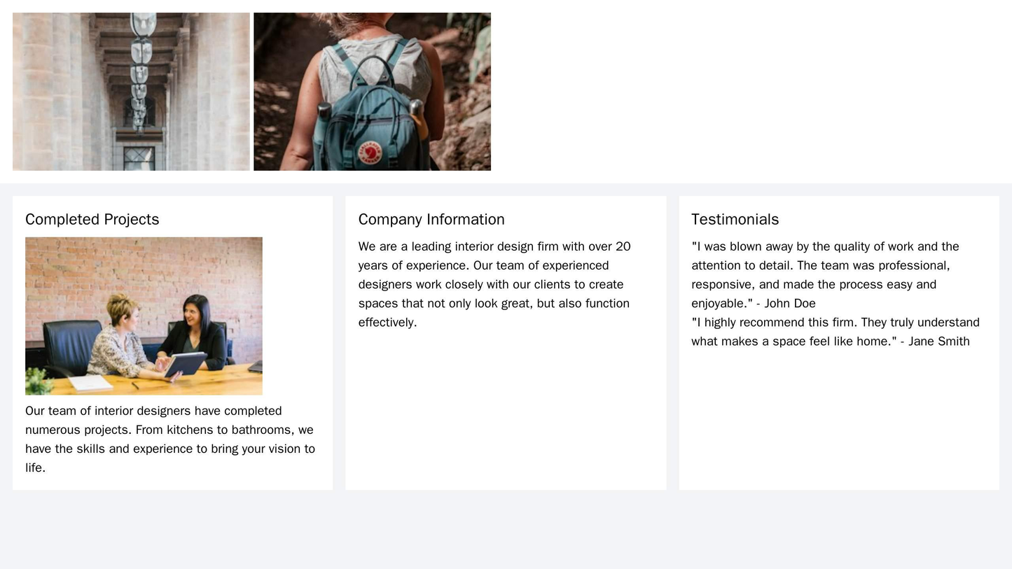 Interior Design Firm: A three-column layout with one column for images of completed projects, another for company inform Web Template 3656