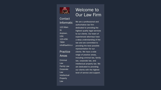 Law Firm: A professional and authoritative layout with a centered logo, a sidebar for contact information and practice a Web Template 4214