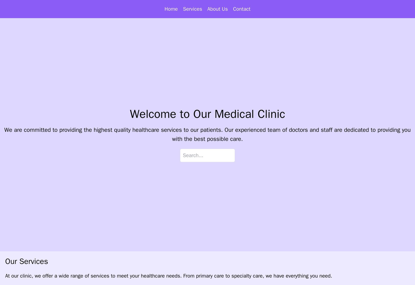 Medical Clinic: A clean, modern design with a large search bar and navigation menu at the top. The color scheme could be Web Template 3342