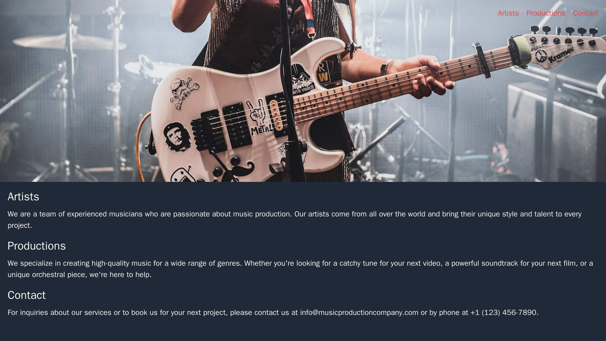 Music Production Company Website: A grungy and edgy website design with a full-width header image of a concert or music  Web Template 3338