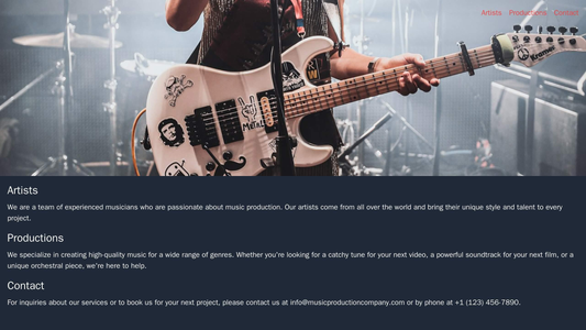 Music Production Company Website: A grungy and edgy website design with a full-width header image of a concert or music  Web Template 3338