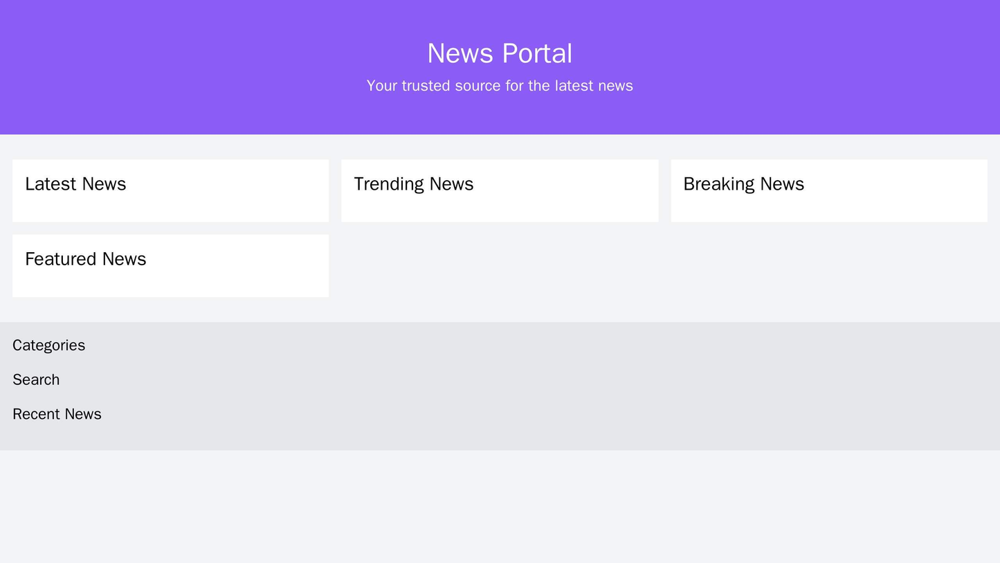 News Portal: Centered logo at the top with a tagline. Main content area divided into four sections: latest news, trendin Web Template 4112