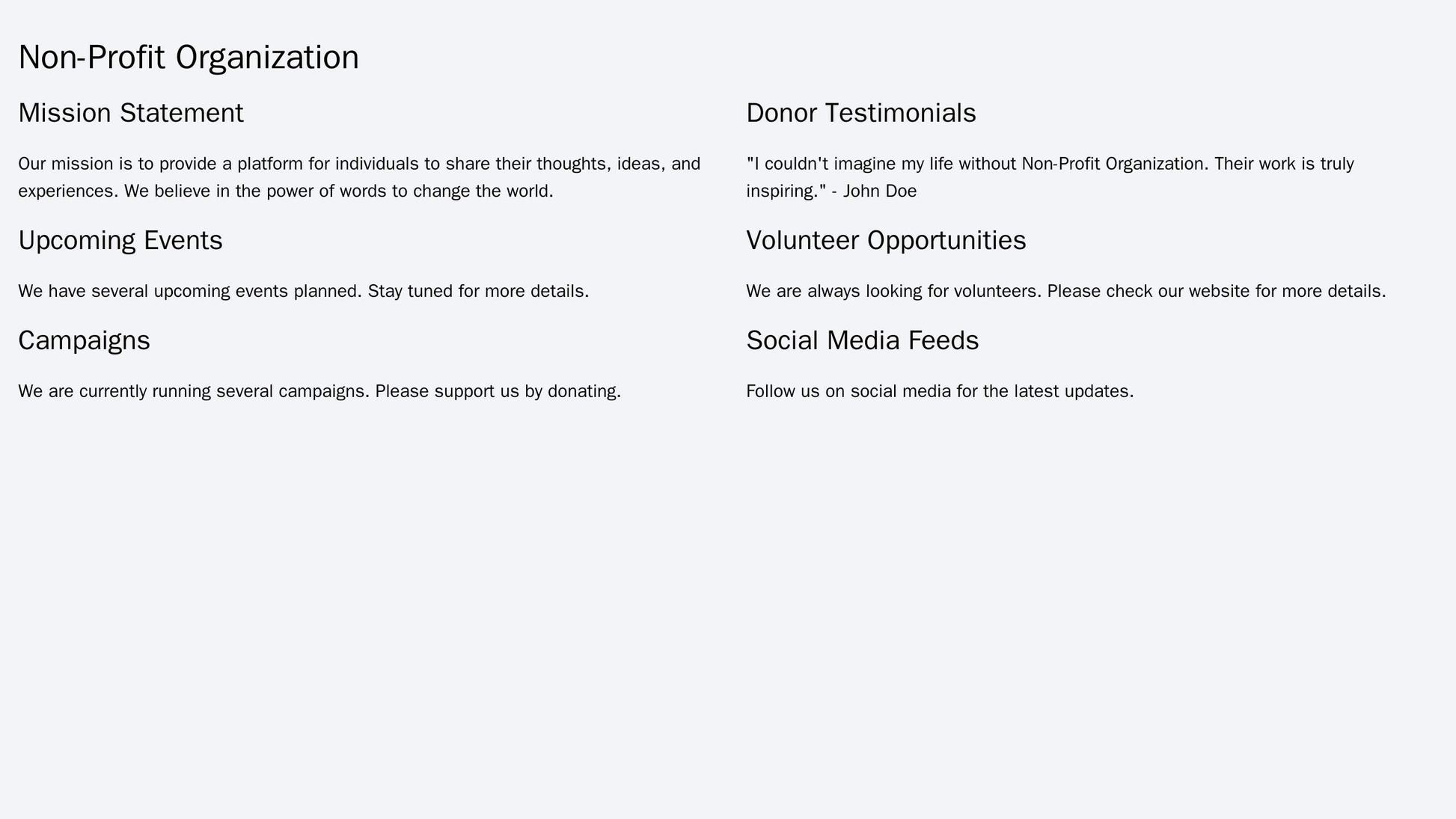 Non-Profit Organization: A two-column design displaying the organization's mission statement, upcoming events, and campa Web Template 2419