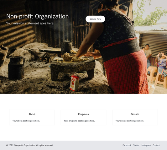 Non-profit Organization: A full-width hero image featuring the mission statement, a clear call to action button, a three Web Template 2132