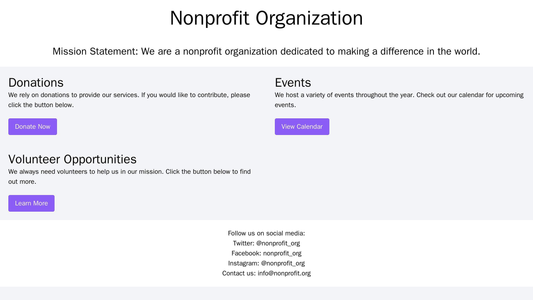 Nonprofit Organization Website: A two-column design dedicated to the mission statement and call-to-action, with a sectio Web Template 4065