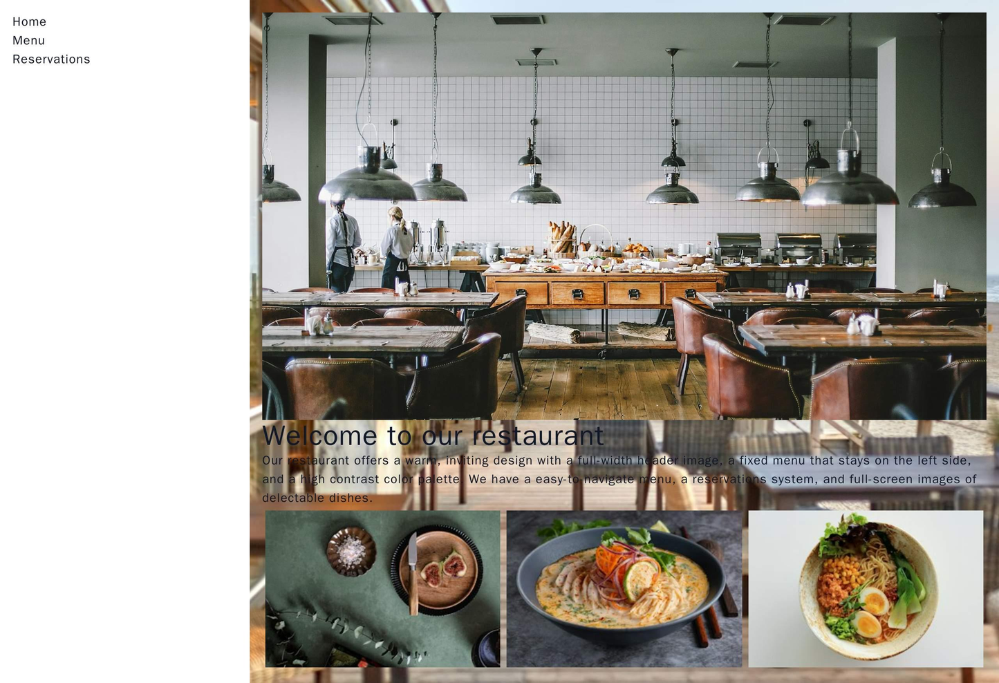 Restaurant: A warm, inviting design with a full-width header image, a fixed menu that stays on the left side, and a high Web Template 3227