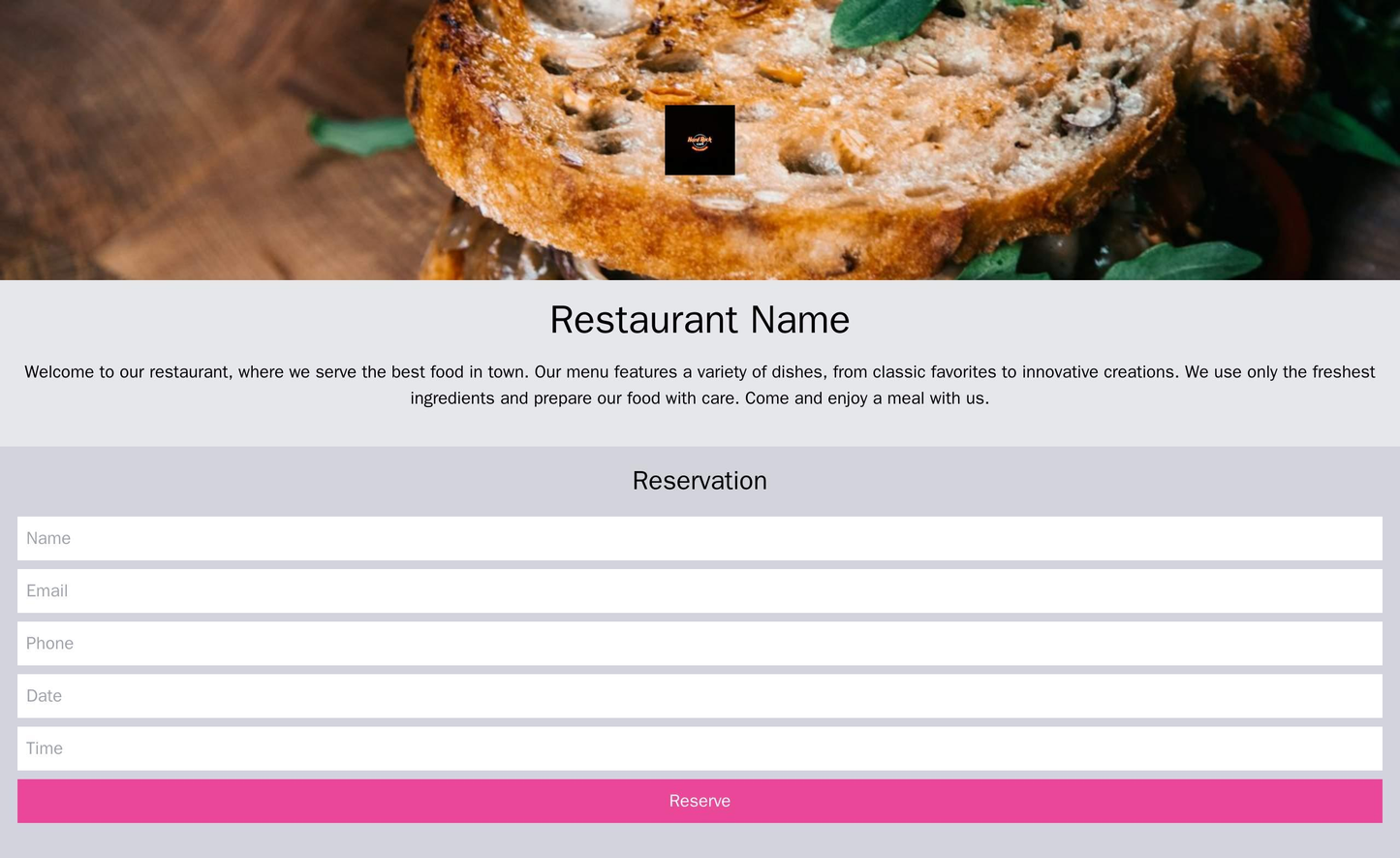 Restaurant: A full-screen background image of a delicious dish, with the logo and name at the top, and a reservation box Web Template 3411