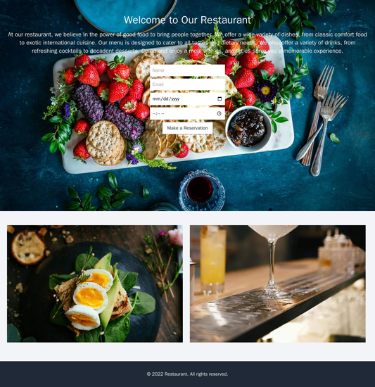 Restaurant: A warm and inviting design with a header image of a delicious meal, a reservation form, a two-column layout  Web Template 3951