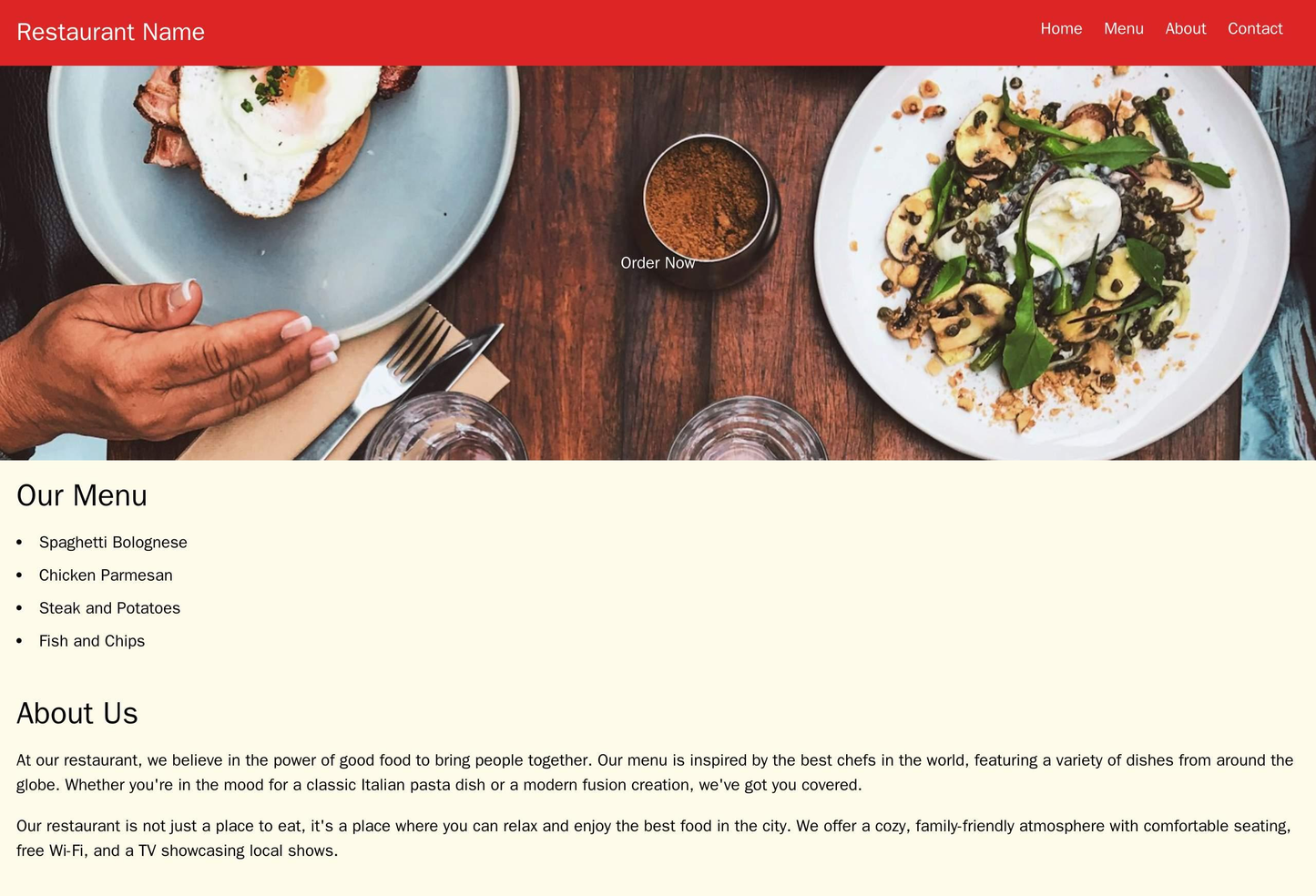 Restaurant: A full-width layout with a prominent image of a dish or the restaurants exterior and a call-to-action button Web Template 4819