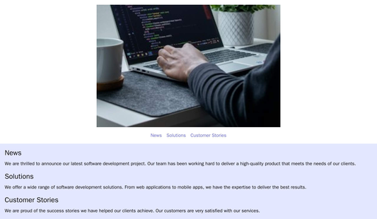 Software Development Company: A three-column layout with news, solutions, and customer stories, a blue and white color s Web Template 3205