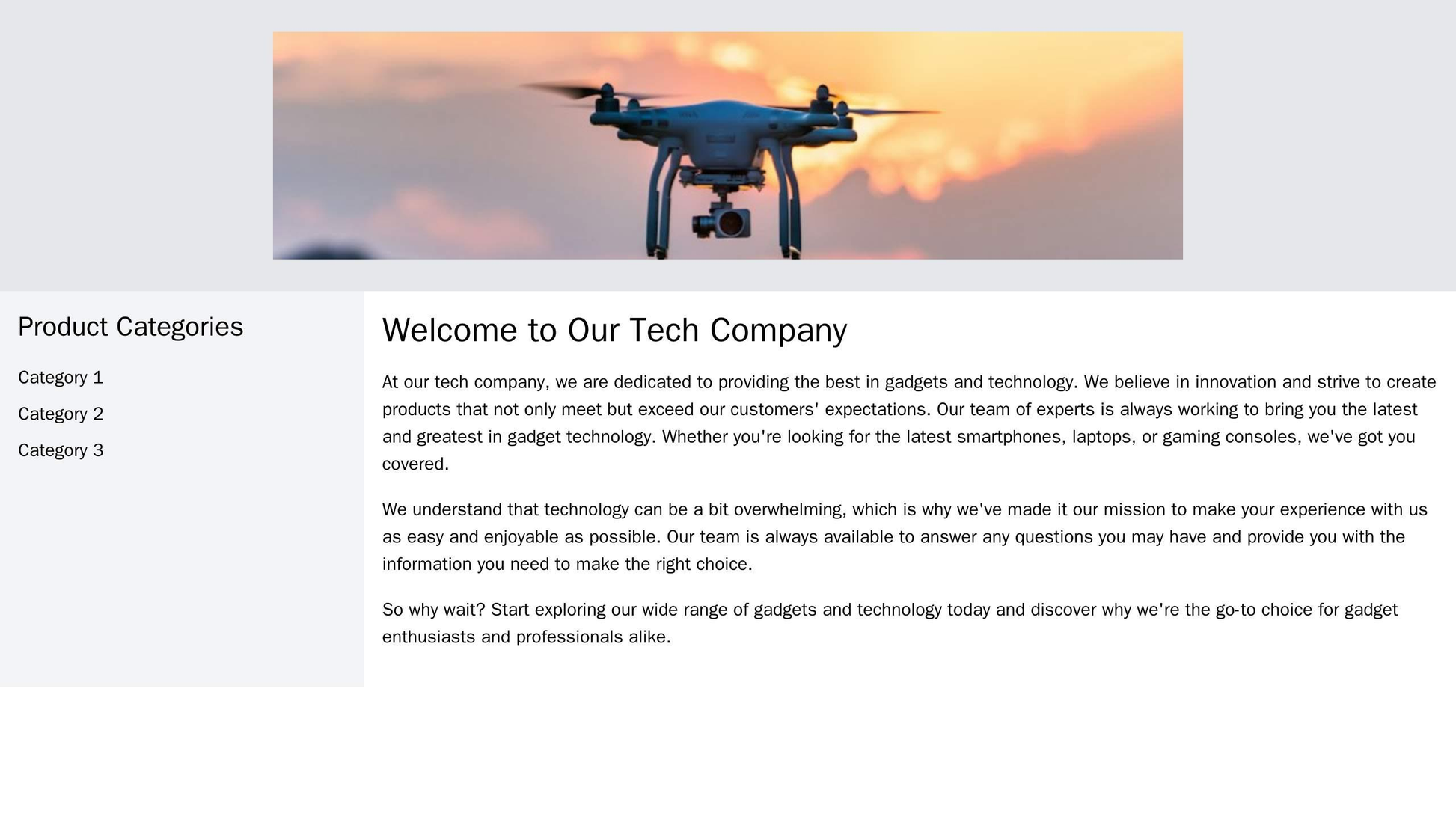 Tech Company: A minimalist layout with a large, centered header image of the latest gadget, a left sidebar for product c Web Template 3647