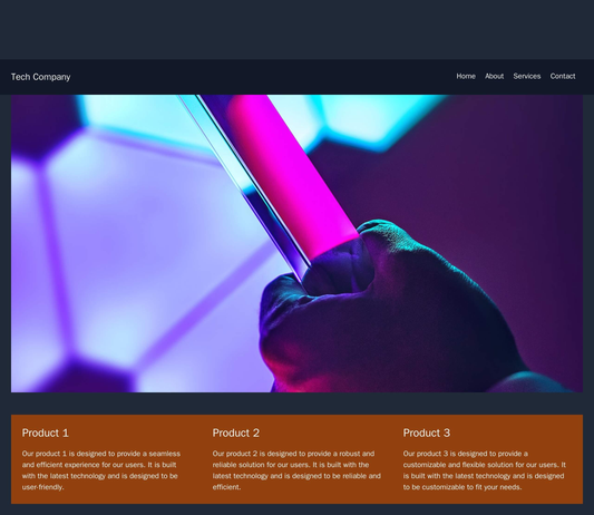 Tech Company: A minimalistic design with a large homepage image, a fixed navigation bar at the top, and a three-column l Web Template 3922