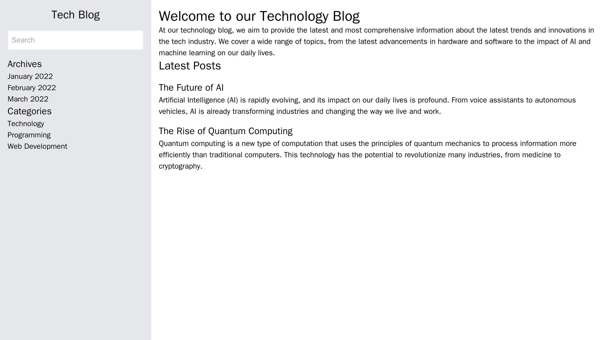 Technology Blog: A minimalist design with a centered logo, a left sidebar containing a search bar, Archives, and Categor Web Template 4381